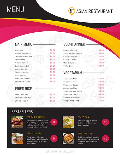 Asian Restaurant Menu Template for MS Word