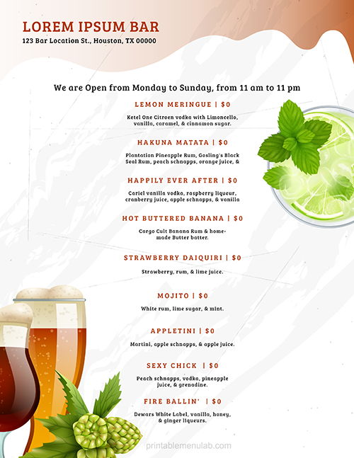 Bar and Lounge Drink Menu Template for MS Word