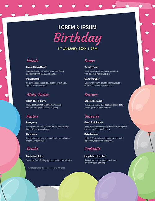 Free Customizable Birthday Celebration Dinner Menu Template