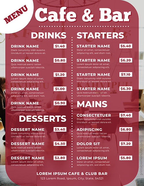 Editable Cafe and Bar Takeaway Menu Design