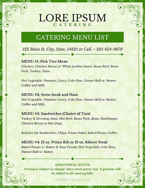 Elegant and Decent Catering Menu List Template in MS Word