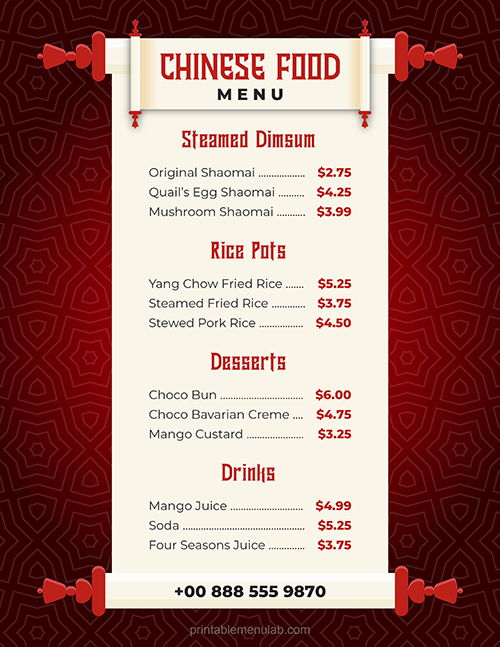 Chinese Food Menu Card Template for MS Word