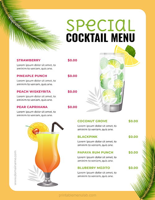 Free Cocktail Menu List Template - Word Format