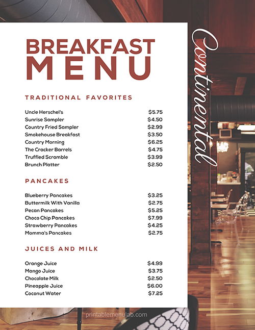 Continental Breakfast Food Menu Sample IDEA