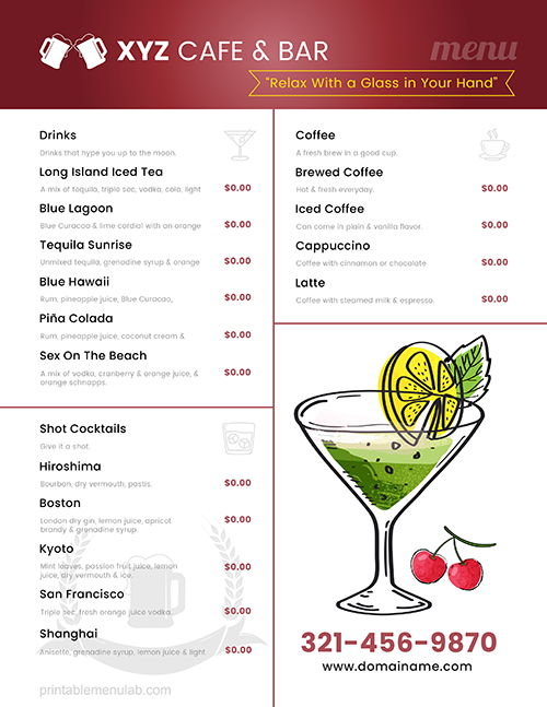 Basic Drinks Menu List Design for a Cafe/Bar