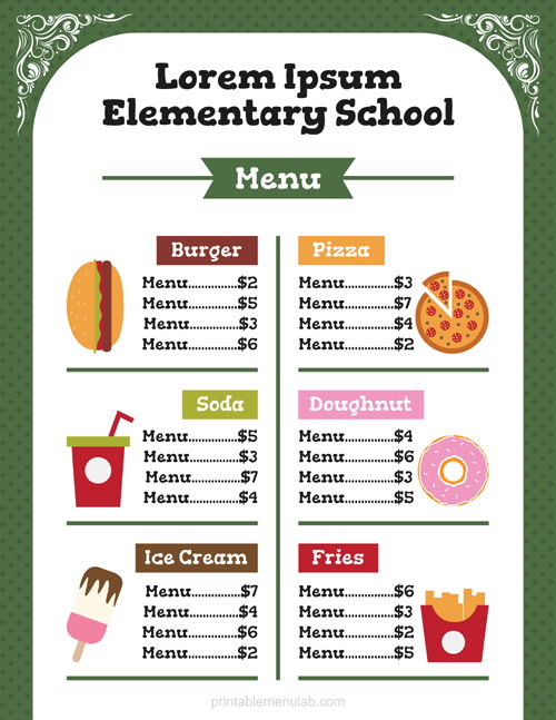 Editable Elementary School Menu Format in MS Word