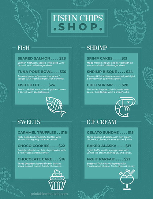 Fish & Chips Shop Seafood Menu Format for MS Word