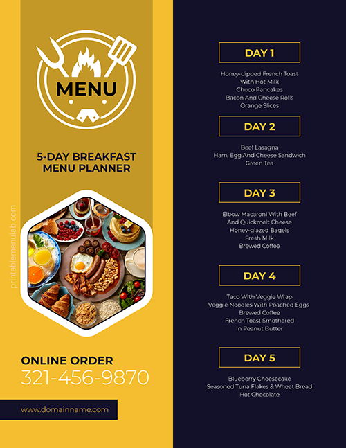 Healthy 5 Day Breakfast Meal Menu Planner for MS Word