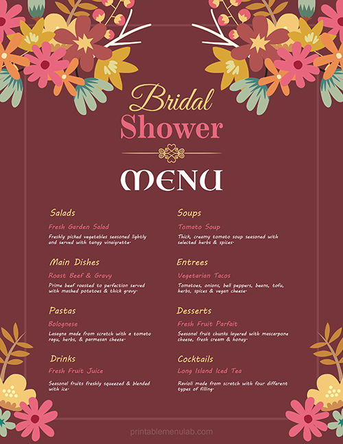 Beautiful Floral Bridal Shower Menu Format for MS Word
