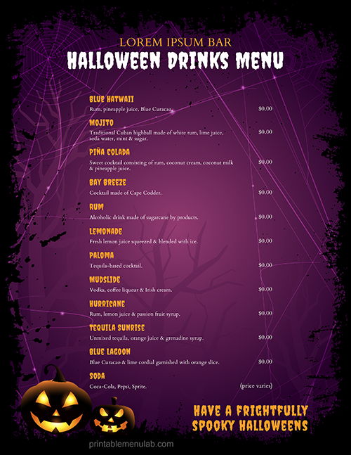 Halloween Cocktails & Drinks Menu List Template