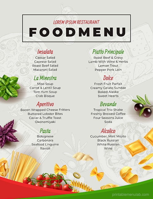 MS Word Traditional Italian Dinner Party Menu