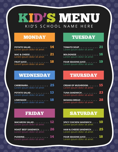 Weekly Kids School Lunch Menu Template [MS Word Format]