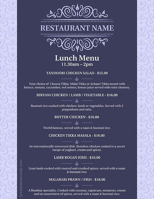 Royal Style Lunch Menu List Design in MS Word