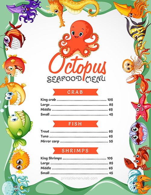 Seafood Menu template Specially for Octopus Dishes