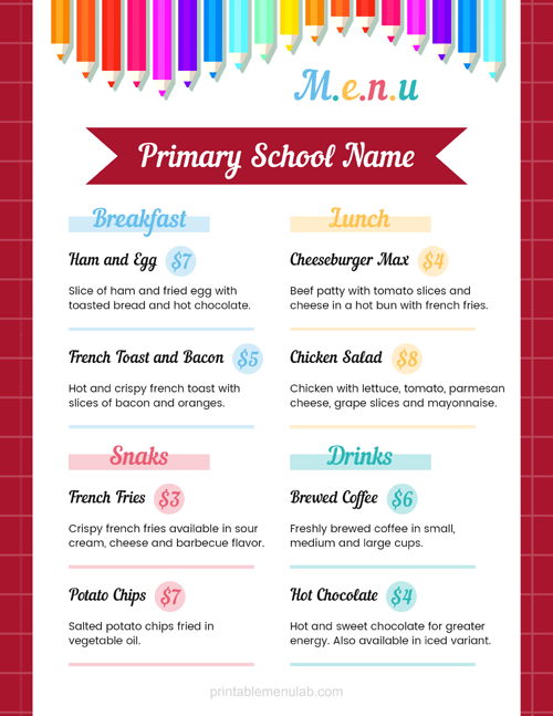 Customizable Primary School Lunch Menu Template