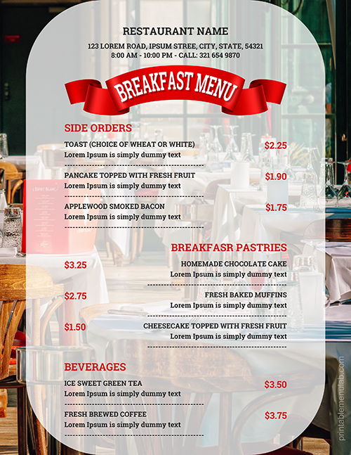 Editable Restaurant Breakfast Menu Format for MS Word