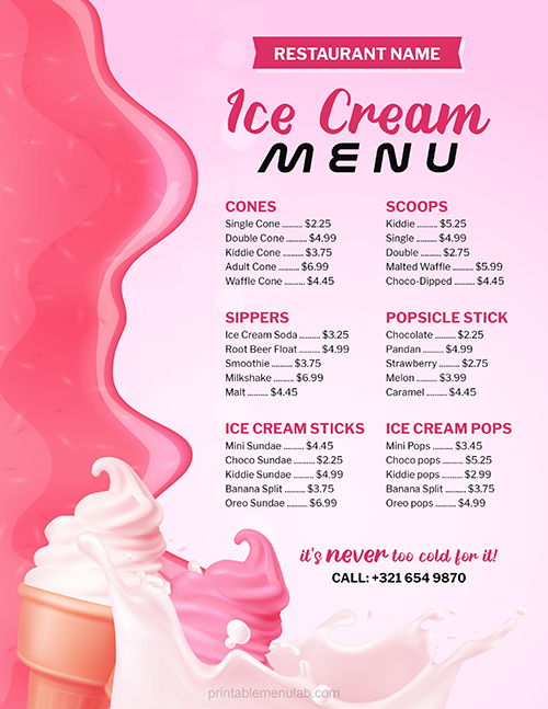 Fascinating Restaurant Ice Cream Menu Sample in MS Word