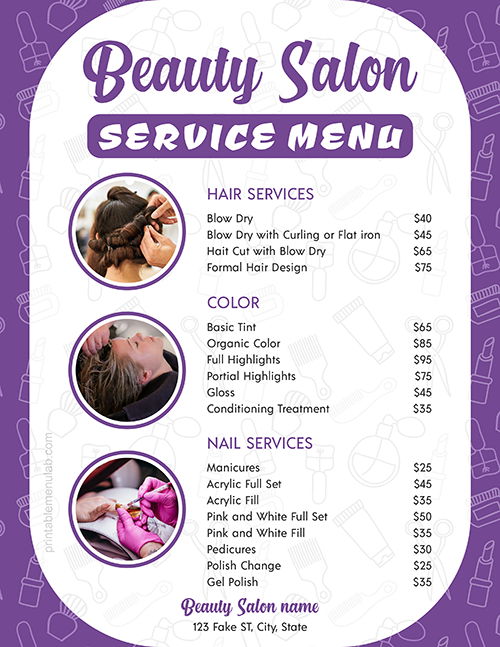 Beauty Salon Services Menu Card With Price List