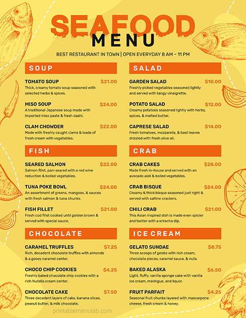 Printable General Seafood Menu Template for MS Word