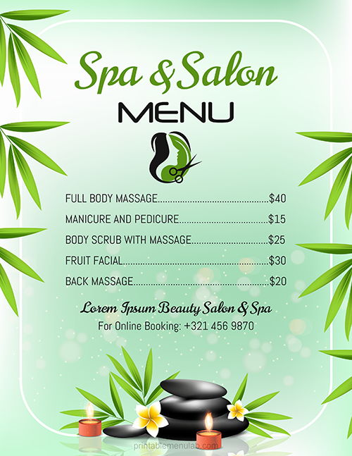 Microsoft Word SPA Price List Menu Card Template