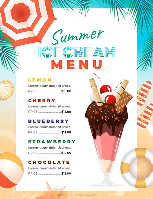 Snazzy Ice Cream Menu Template with Summer Look - [MS Word]