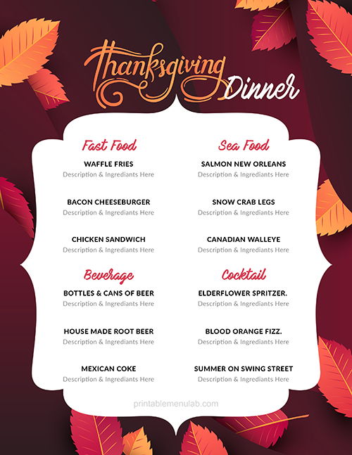 MS Word Traditional Thanksgiving Dinner Menu Template