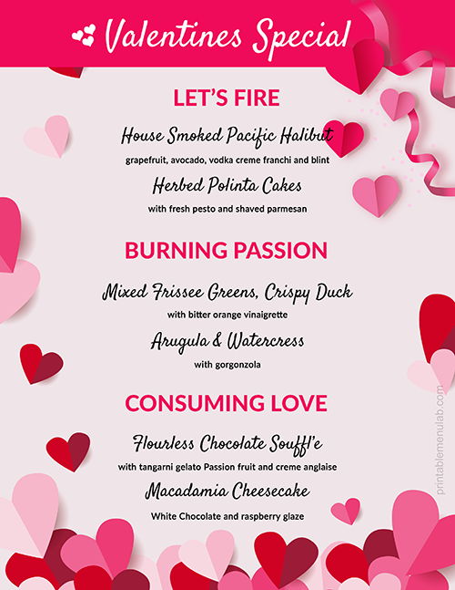 Menu Ideas for Valentine Day Dinner - MS Word Template