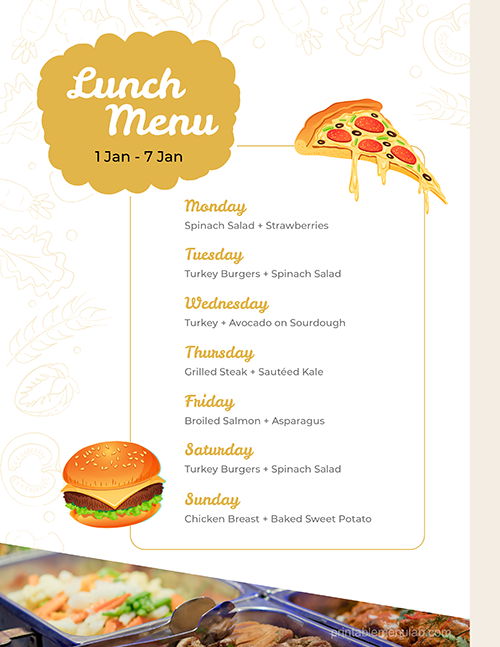 Sample Weekly Lunch Menu Plan Template for MS Word