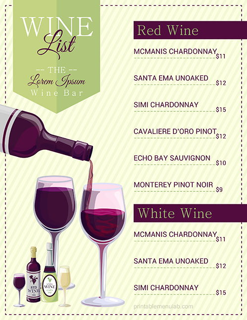 MS Word Wine Menu List Template - Beverage Menu