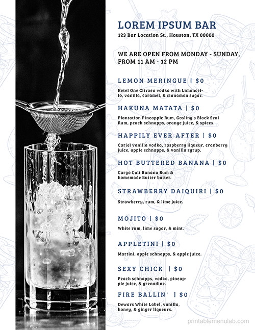 Bar Daily Drinks Menu Template