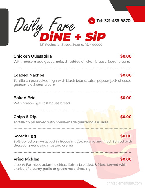 Daily Bar Takeout Menu Template