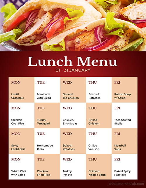 Monthly Lunch Planner Template