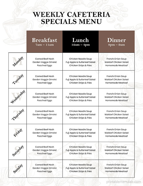 Weekly Cafeteria Specials Menu