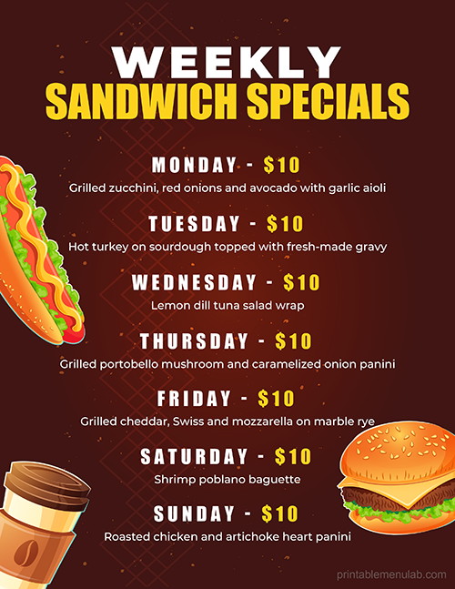 Weekly Sandwich Specials Menu