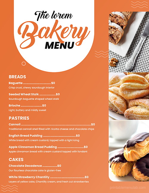 Takeout Menu for a Bakery
