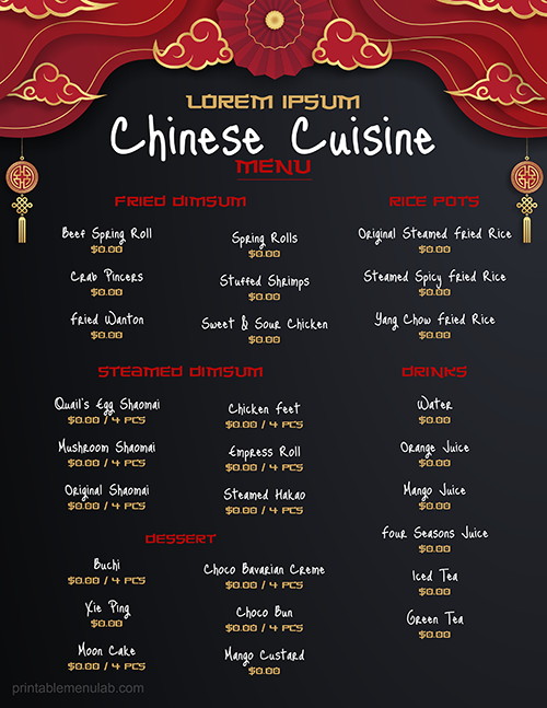 Chinese Cuisine Takeout Menu