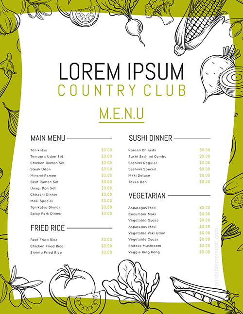 Country Club Takeout Menu