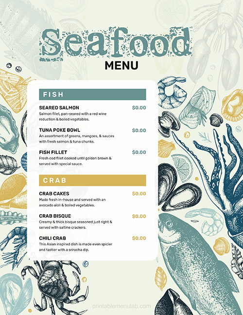 Takeout Menu for Seafood