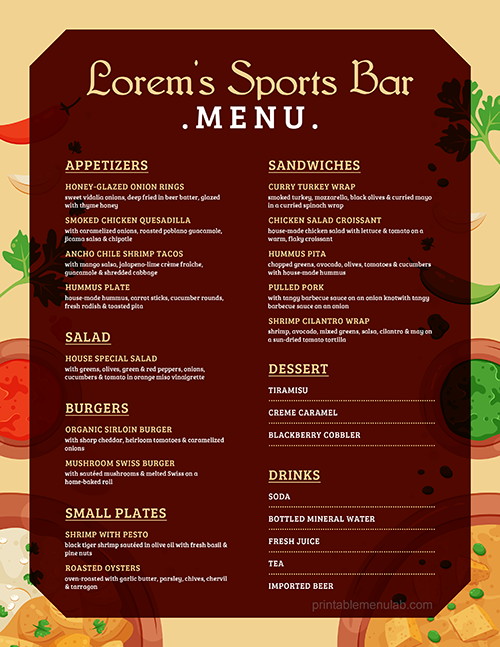 Takeout Menu for a Sports Bar