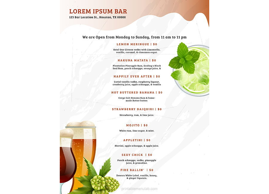 Download Bar and Lounge Drink Menu Template for MS Word