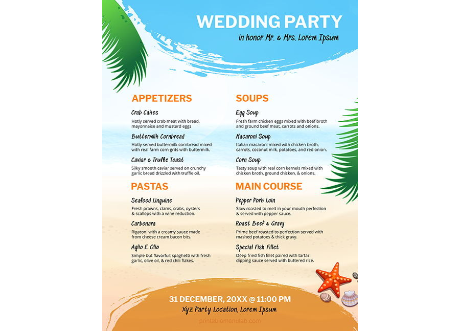 Download MS Word Food Menu for Beach Marriage Party