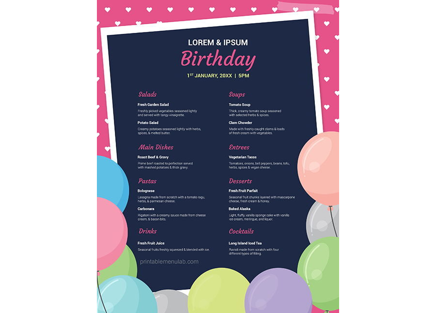 Download Free Customizable Birthday Celebration Dinner Menu Template - MS Word Format