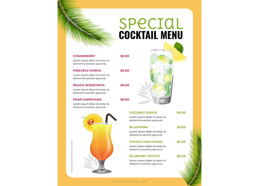 Download Free Cocktail Menu List Template - Word Format