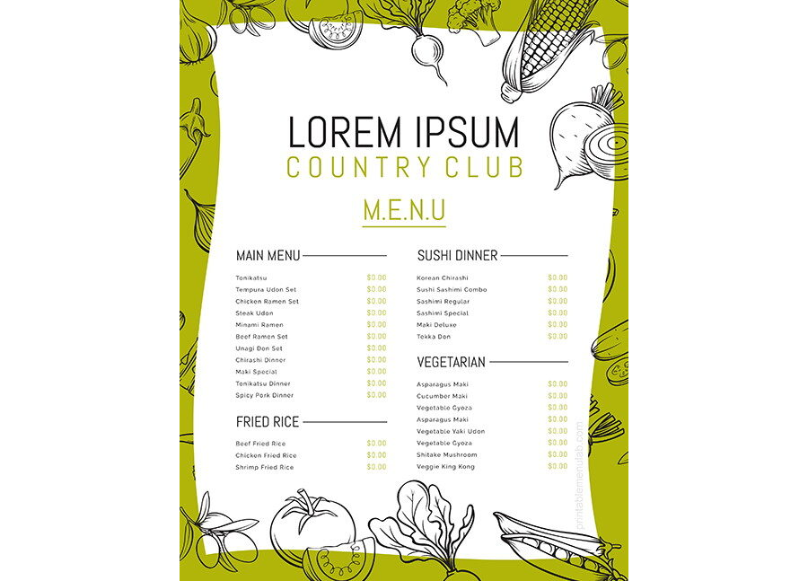 Download Country Club Takeout Menu for MS Word