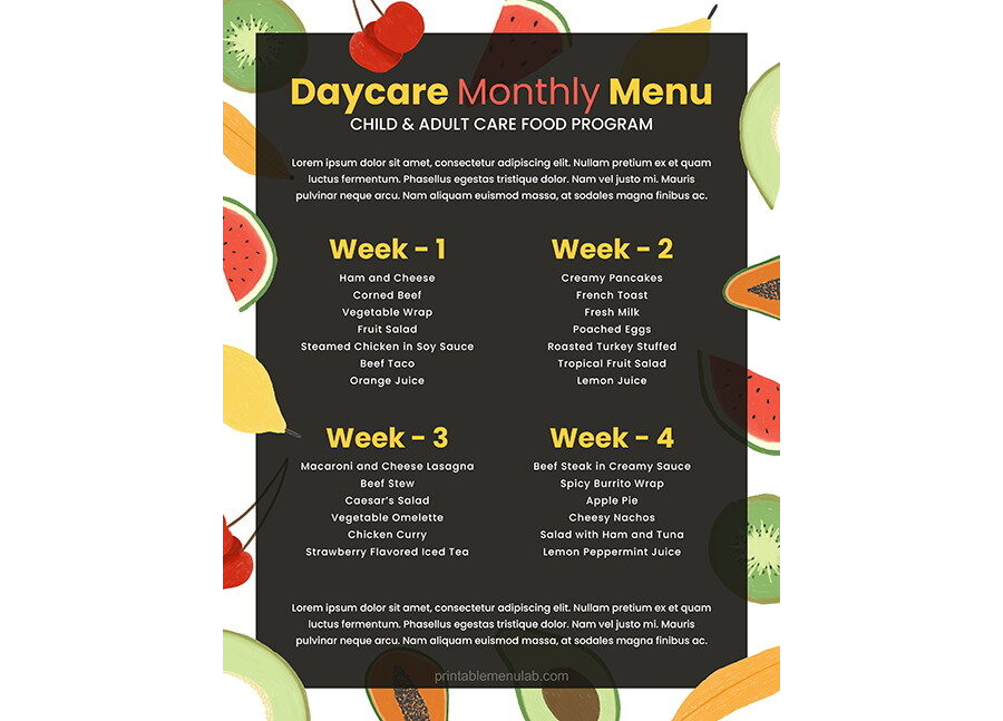 Download Daycare Monthly Menu Template for MS Word