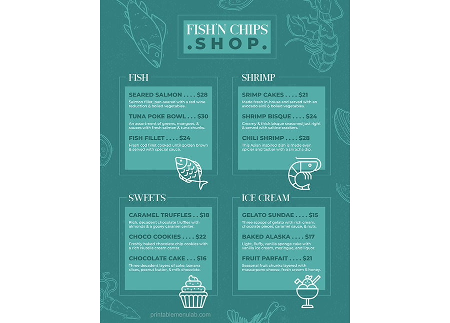 Download Fish & Chips Shop Seafood Menu Format for MS Word