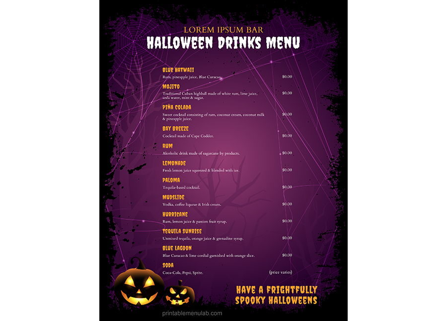 Download Halloween Cocktails and Drinks Menu List Template