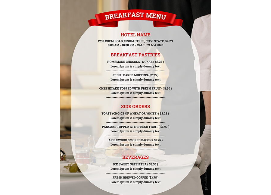 Download MS Word Hotel Breakfast Menu Format