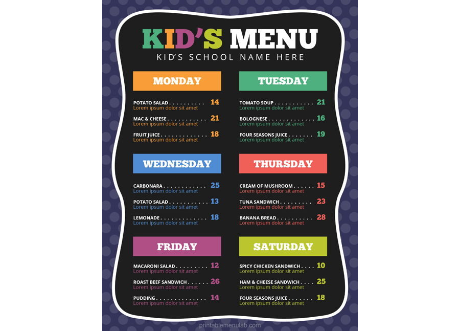 Download Weekly Kids School Lunch Menu Template [MS Word Format]