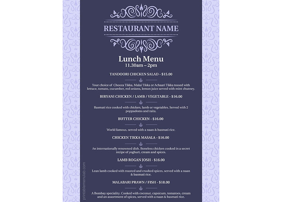 Download Royal Style Lunch Menu List Design in MS Word
